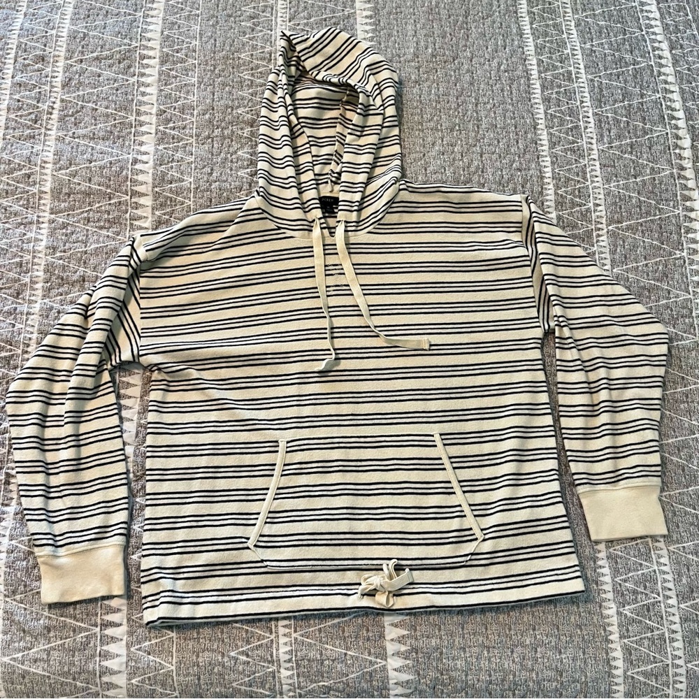 J.Crew Drawstring Hoodie in Striped Terry Womens M Cozy Nautical Lounge